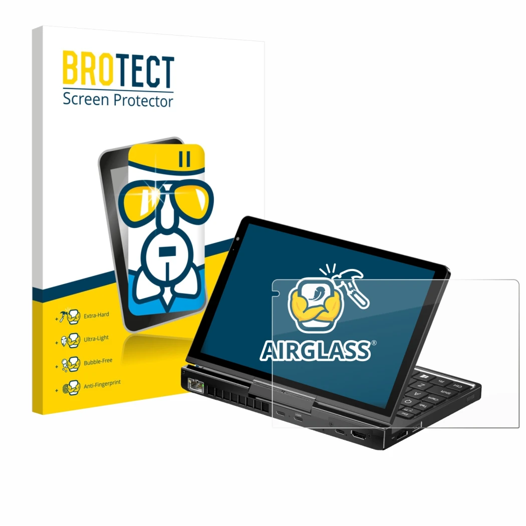 Face avant d’un emballage produit avec le logo de la marque BROTECT. À côté, l’appareil GPD Pocket 4 est représenté avec la pr