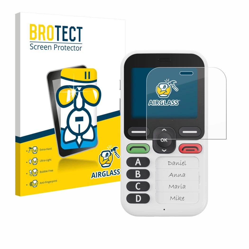 Face avant d’un emballage produit avec le logo de la marque BROTECT. À côté, l’appareil Doro Leva X10 est représenté avec la p