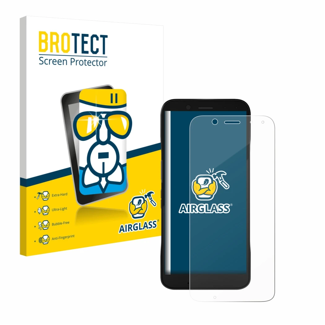 Face avant d’un emballage produit avec le logo de la marque BROTECT. À côté, l’appareil Datalogic Memor 12 est représenté avec