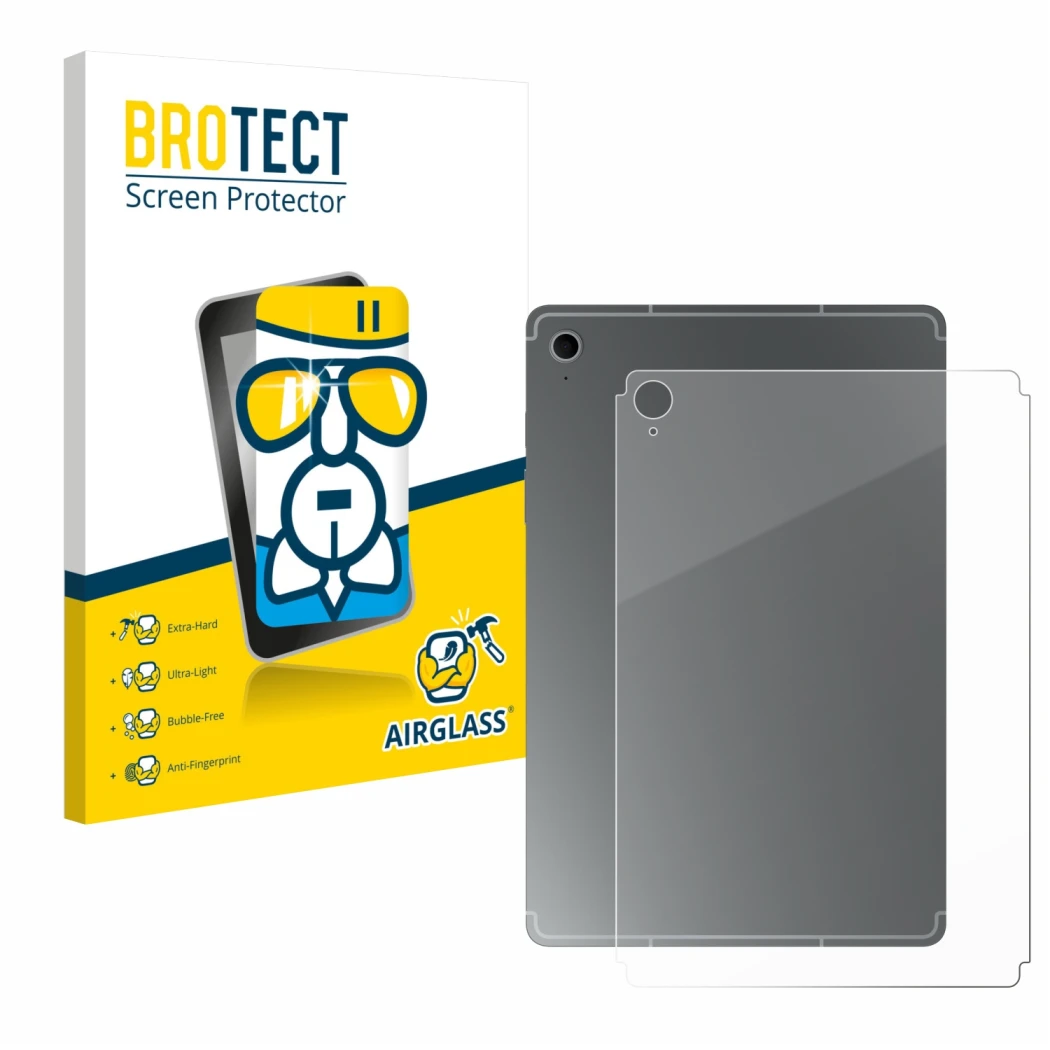 Face avant d’un emballage produit avec le logo de la marque BROTECT. À côté, l’appareil Samsung Galaxy Tab S10 FE (Arrière) es