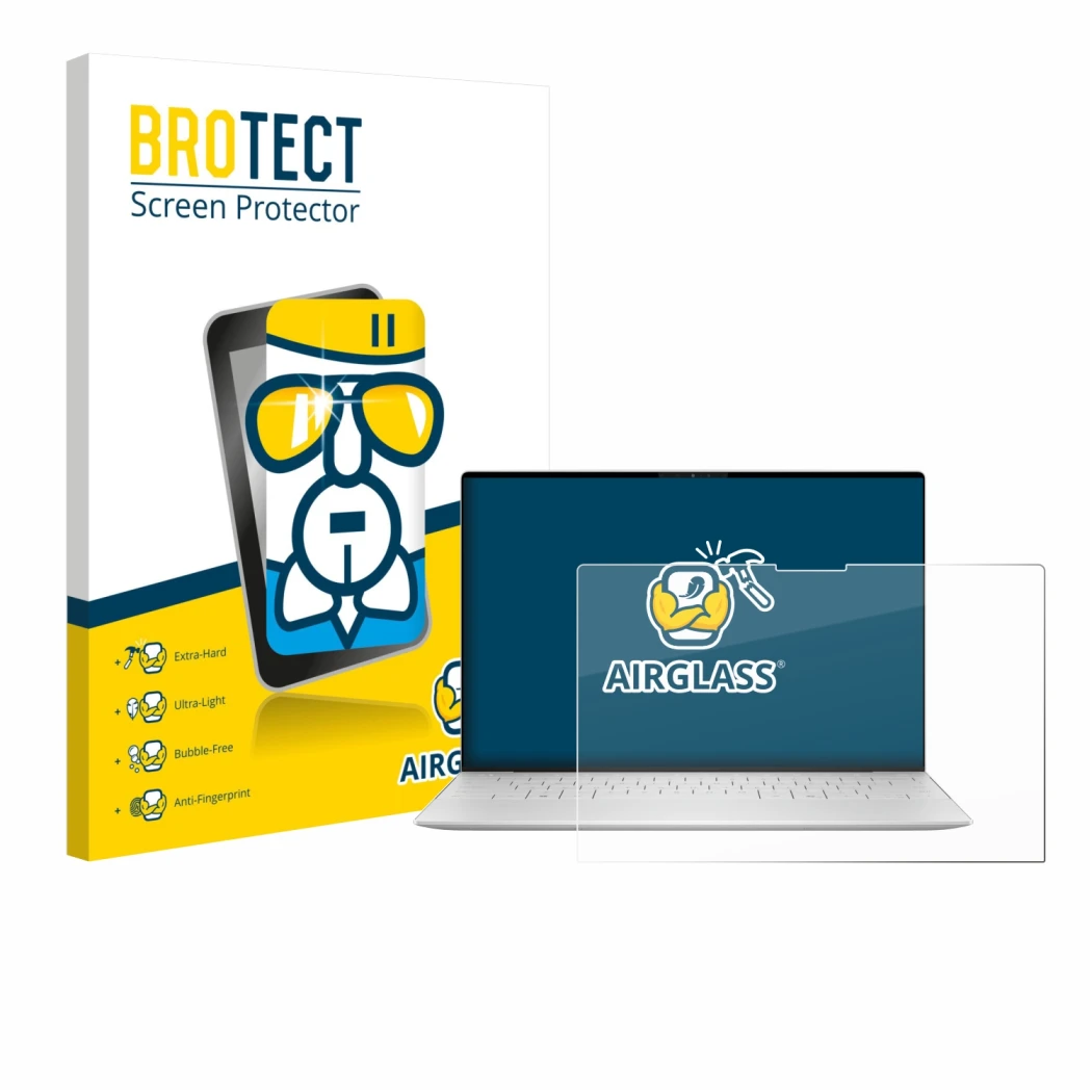 Face avant d’un emballage produit avec le logo de la marque BROTECT. À côté, l’appareil Dell XPS 13 9350 2024 est représenté a