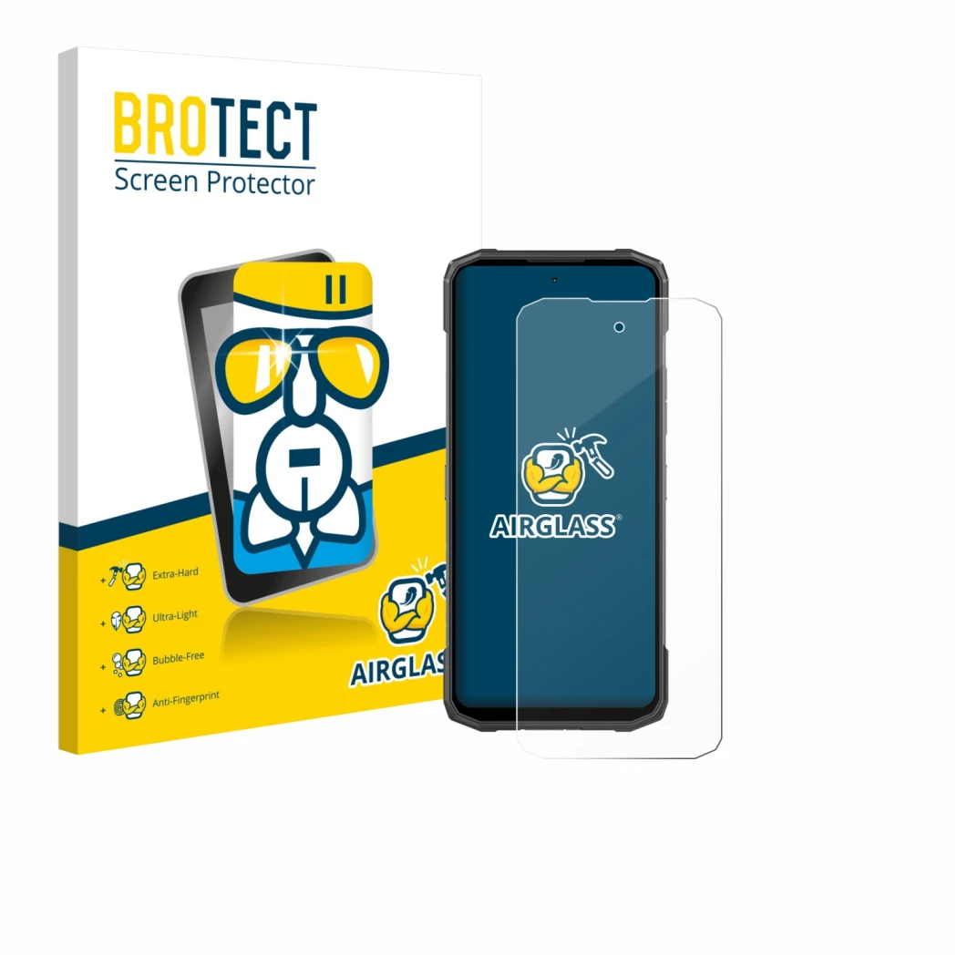 Face avant d’un emballage produit avec le logo de la marque BROTECT. À côté, l’appareil Doogee Blade 20 Turbo est représenté a