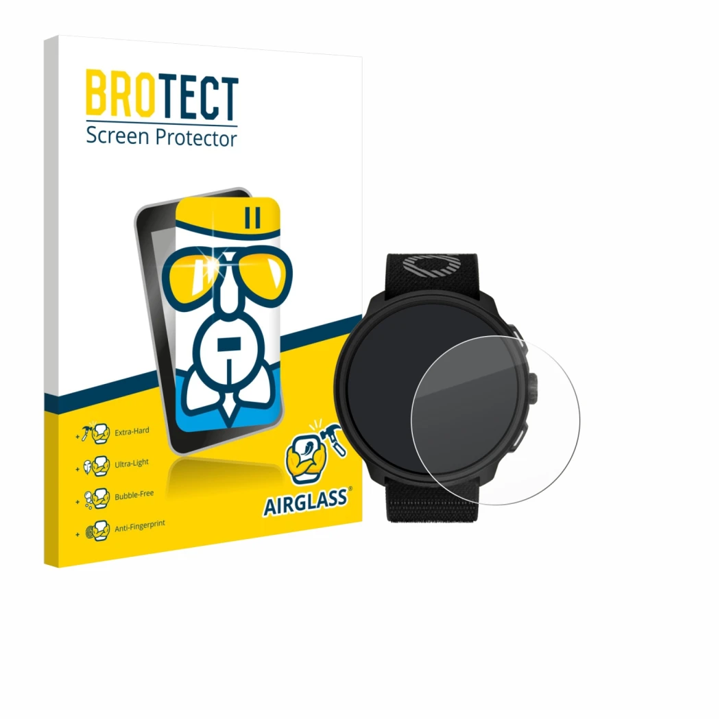 Face avant d’un emballage produit avec le logo de la marque BROTECT. À côté, l’appareil Suunto Run est représenté avec la prot