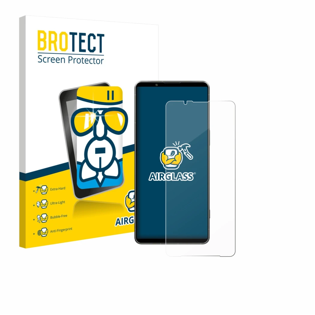 Face avant d’un emballage produit avec le logo de la marque BROTECT. À côté, l’appareil Sony Xperia 1 VII est représenté avec