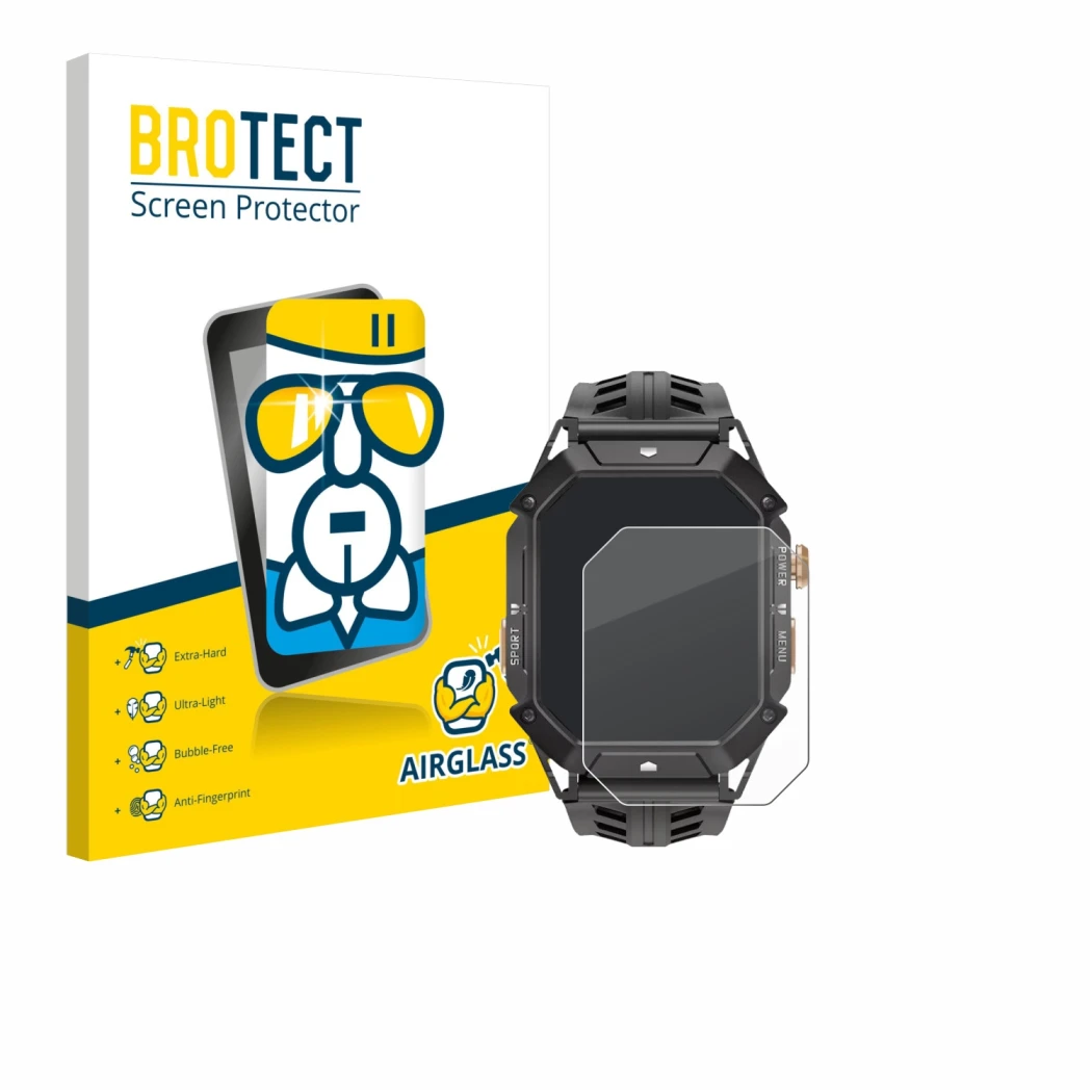 Face avant d’un emballage produit avec le logo de la marque BROTECT. À côté, l’appareil Oukitel BT80 est représenté avec la pr