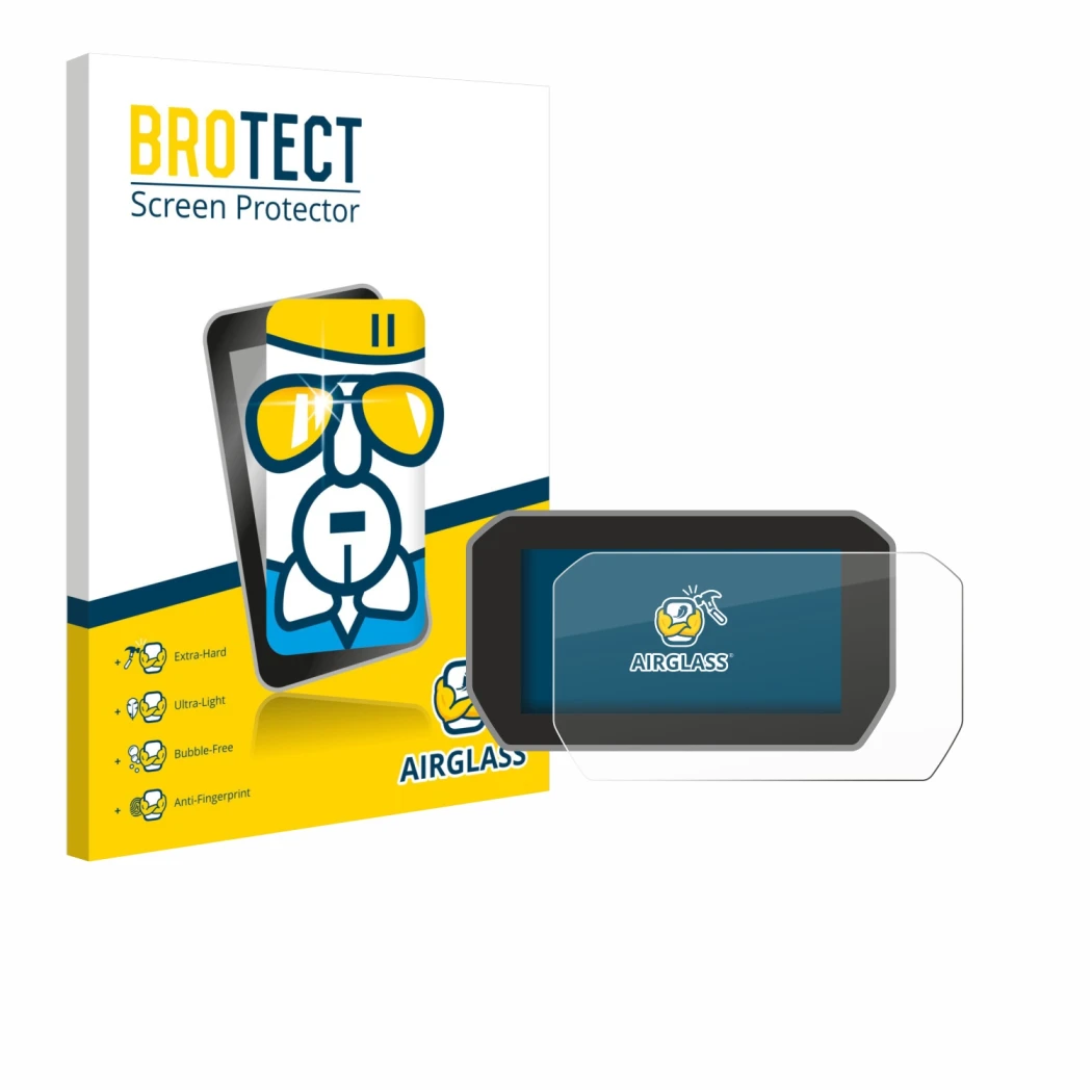 Face avant d’un emballage produit avec le logo de la marque BROTECT. À côté, l’appareil Ducati V4 Rally (2024) est représenté 