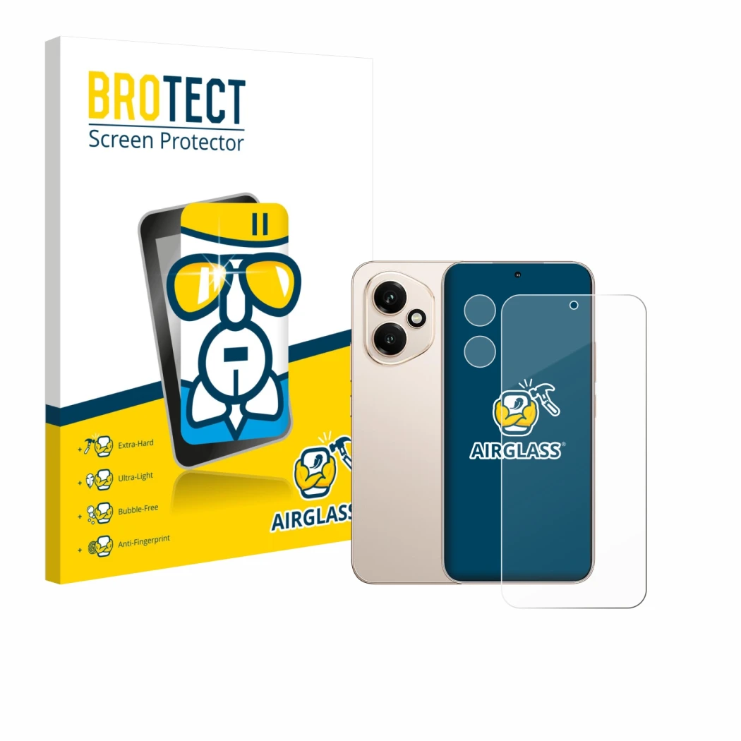 Face avant d’un emballage produit avec le logo de la marque BROTECT. À côté, l’appareil Honor 400 (Avant+Caméra) est représent