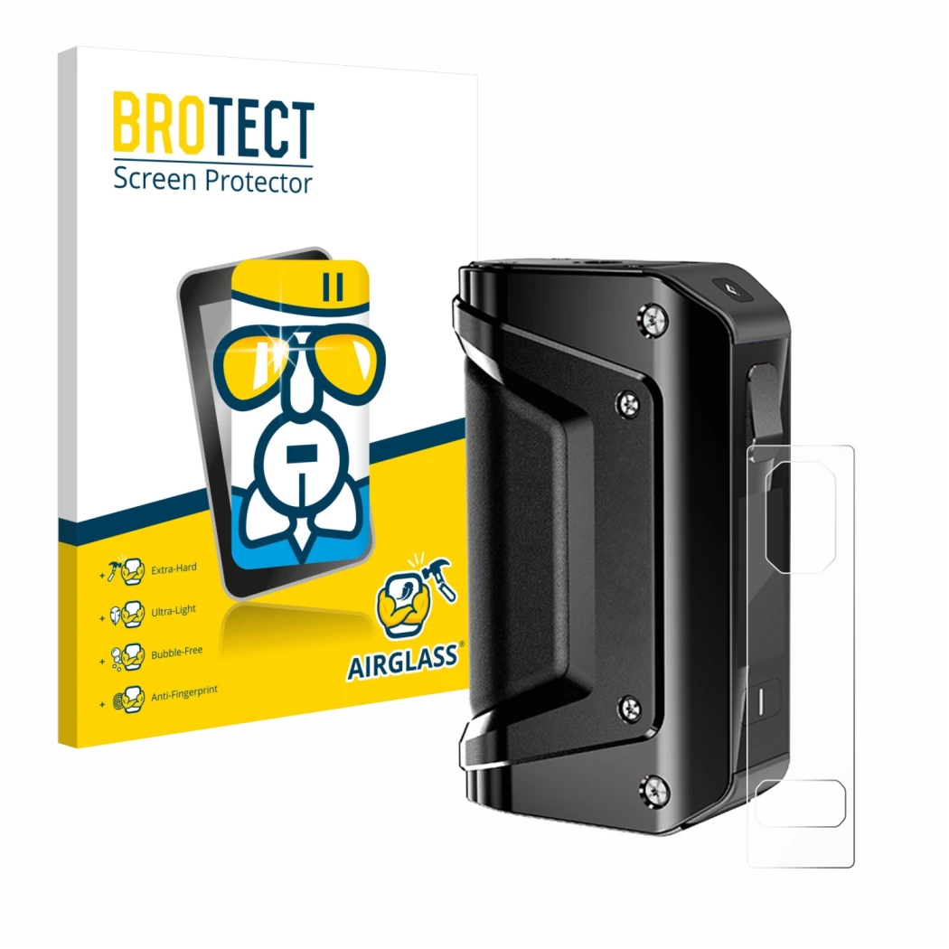 Face avant d’un emballage produit avec le logo de la marque BROTECT. À côté, l’appareil GeekVape Aegis Legend 3 est représenté