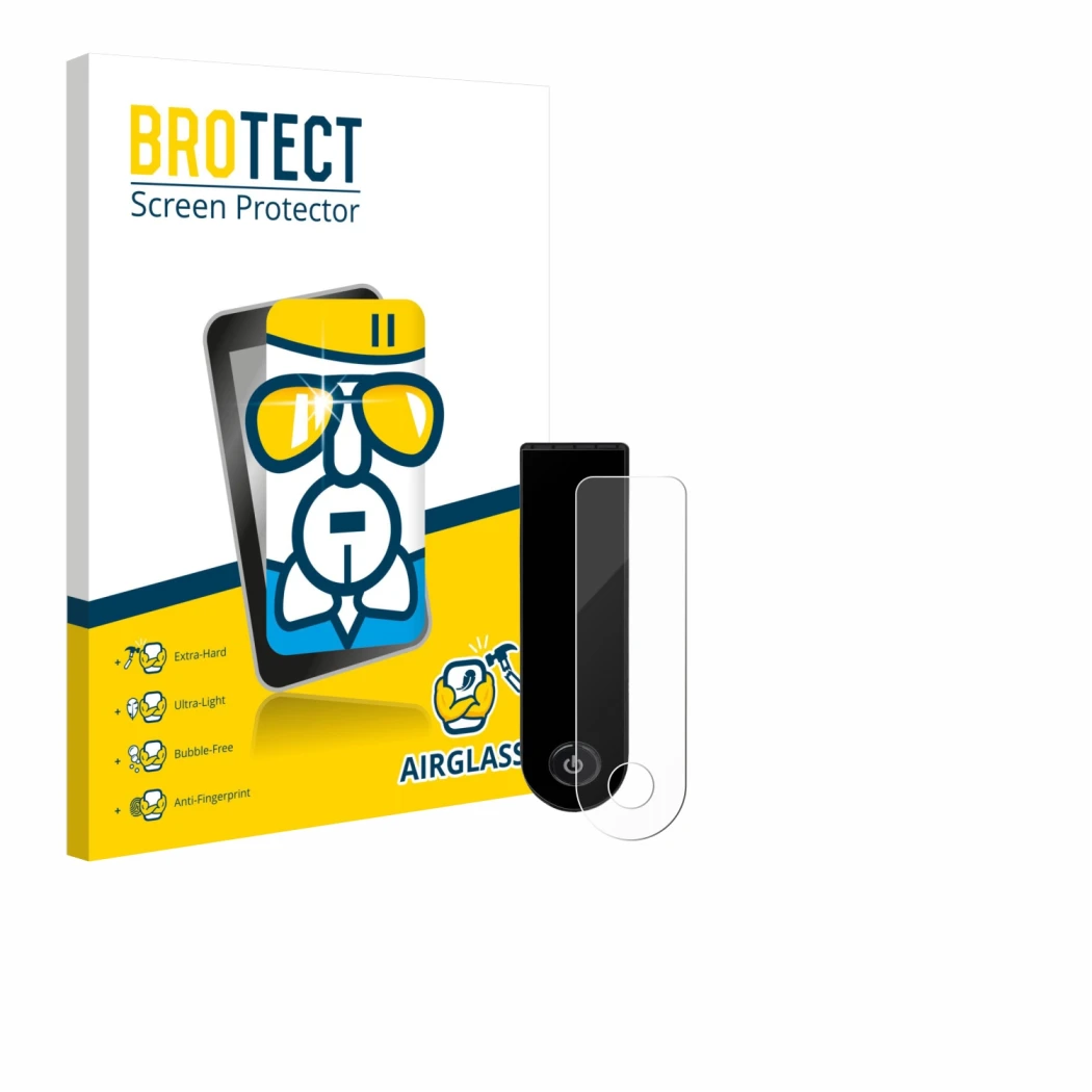 Face avant d’un emballage produit avec le logo de la marque BROTECT. À côté, l’appareil Xiaomi Electric Scooter 5 Max est repr