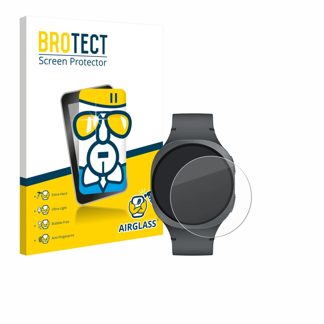 Face avant d’un emballage produit avec le logo de la marque BROTECT. À côté, l’appareil Samsung Galaxy Watch 8 (40 mm) est rep