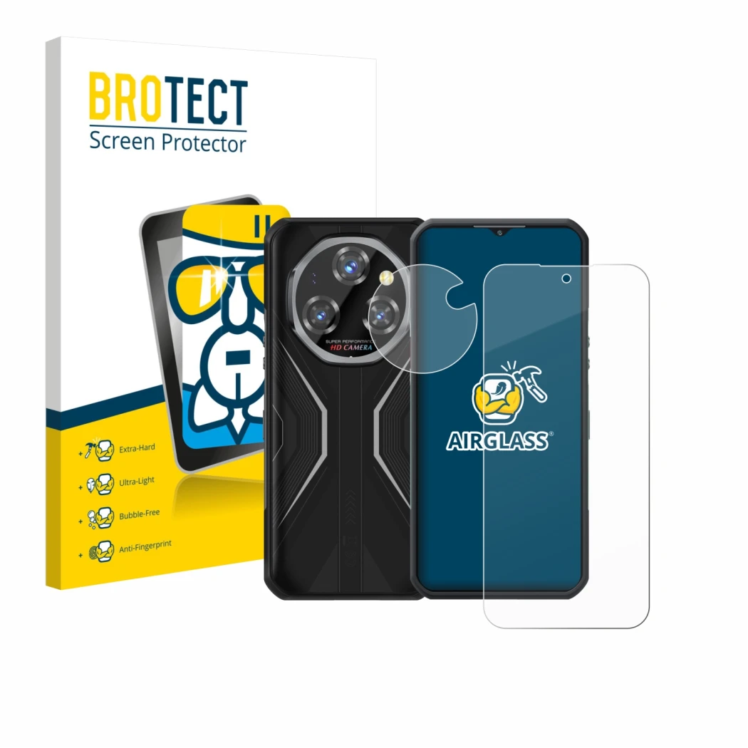 Face avant d’un emballage produit avec le logo de la marque BROTECT. À côté, l’appareil Oukitel WP55 Pro (Avant+Caméra) est re