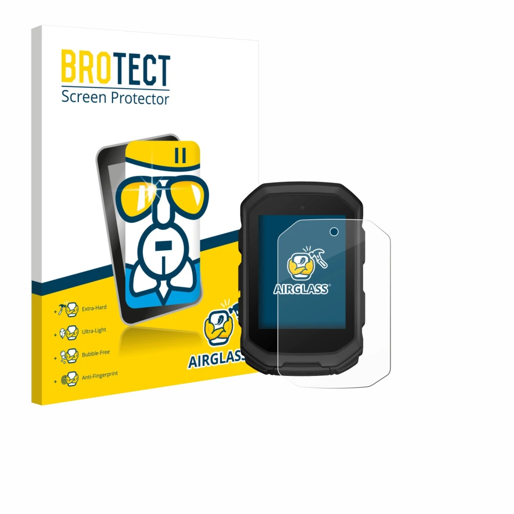 Face avant d’un emballage produit avec le logo de la marque BROTECT. À côté, l’appareil Garmin Edge MTB est représenté avec la