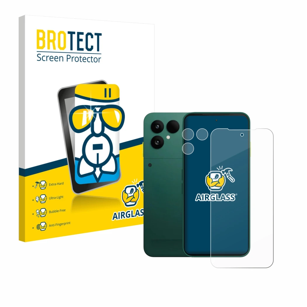 Face avant d’un emballage produit avec le logo de la marque BROTECT. À côté, l’appareil Fairphone 6 (Avant+Caméra) est représe