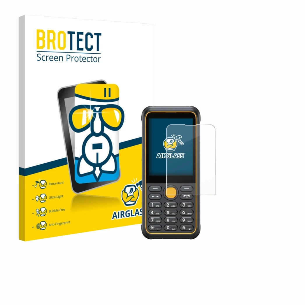 Face avant d’un emballage produit avec le logo de la marque BROTECT. À côté, l’appareil Ulefone Armor Mini 4 est représenté av