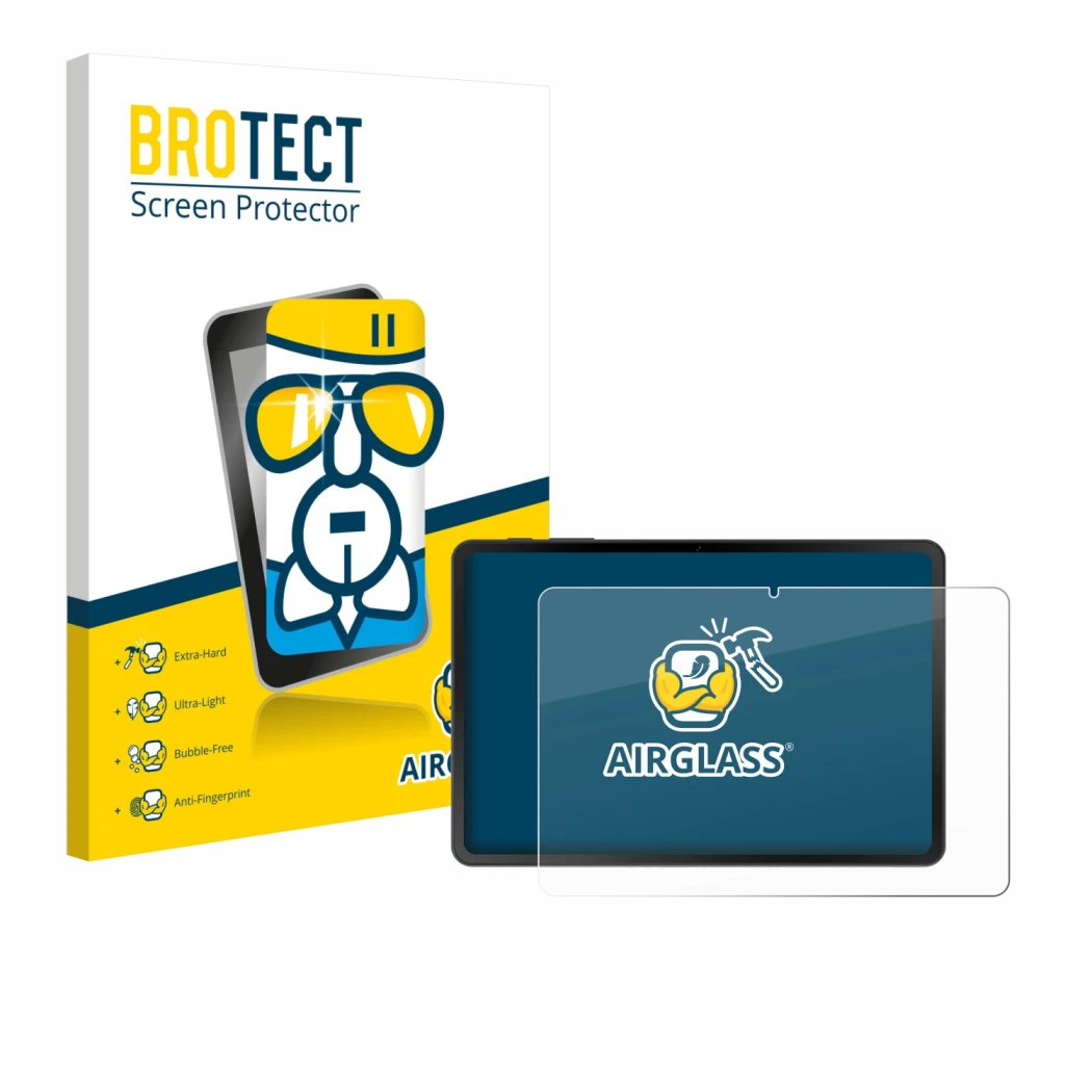 Face avant d’un emballage produit avec le logo de la marque BROTECT. À côté, l’appareil Doogee Tab A9 est représenté avec la p
