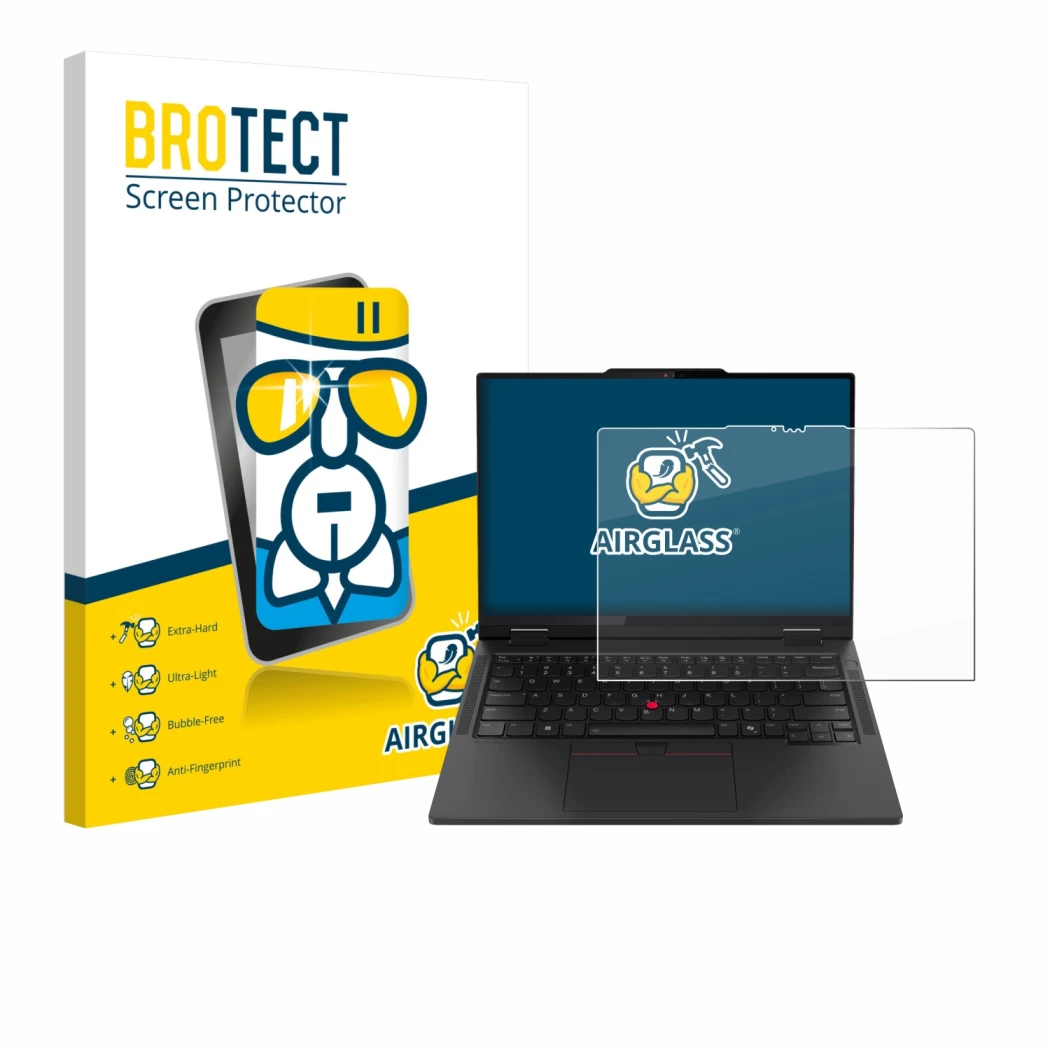 Face avant d’un emballage produit avec le logo de la marque BROTECT. À côté, l’appareil Lenovo ThinkPad T14s 2-in-1 est représ