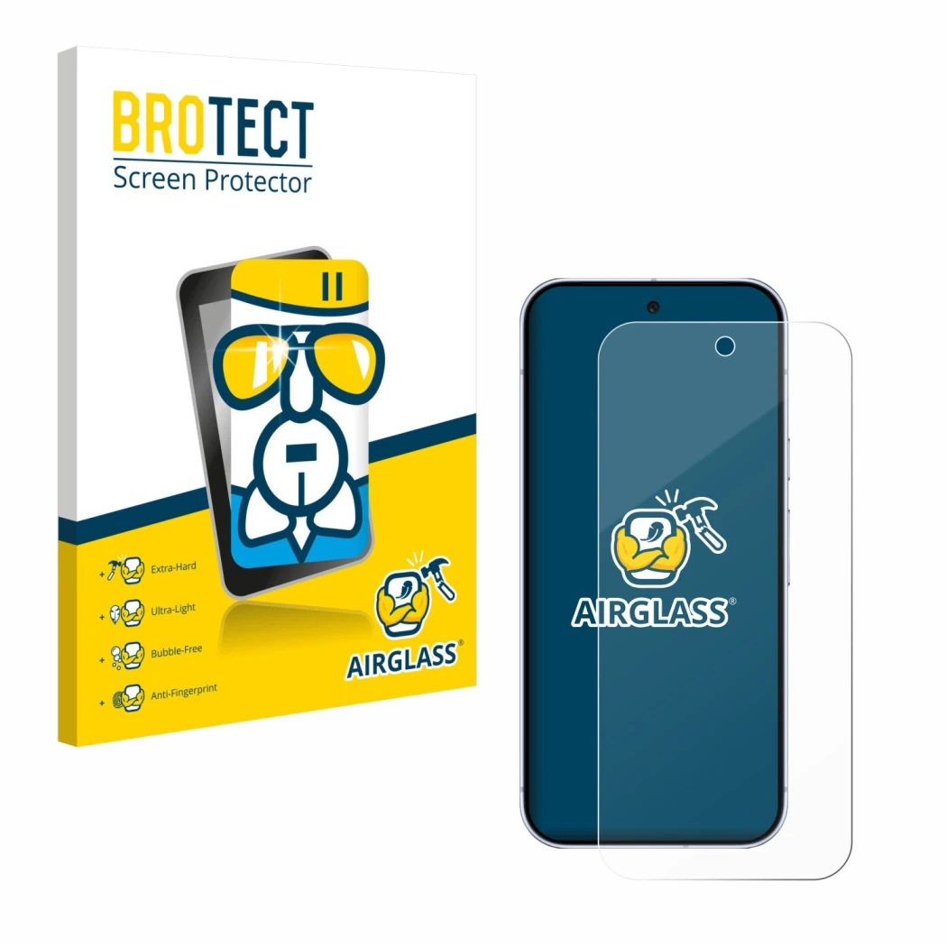 Face avant d’un emballage produit avec le logo de la marque BROTECT. À côté, l’appareil Google Pixel 10 Pro est représenté ave