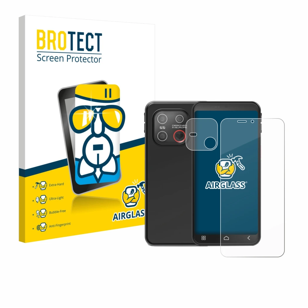 Face avant d’un emballage produit avec le logo de la marque BROTECT. À côté, l’appareil Emporia Smart 7 Lite (Avant+Caméra) es