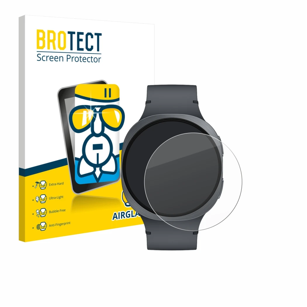 Face avant d’un emballage produit avec le logo de la marque BROTECT. À côté, l’appareil Samsung Galaxy Watch 8 (44 mm) est rep