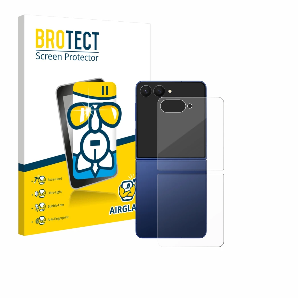Face avant d’un emballage produit avec le logo de la marque BROTECT. À côté, l’appareil Samsung Galaxy Z Flip 7 (Arrière) est