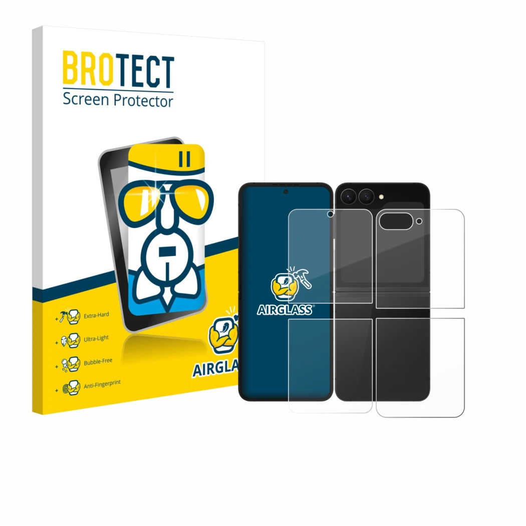 Face avant d’un emballage produit avec le logo de la marque BROTECT. À côté, l’appareil Samsung Galaxy Z Flip 7 FE (Avant+Arri