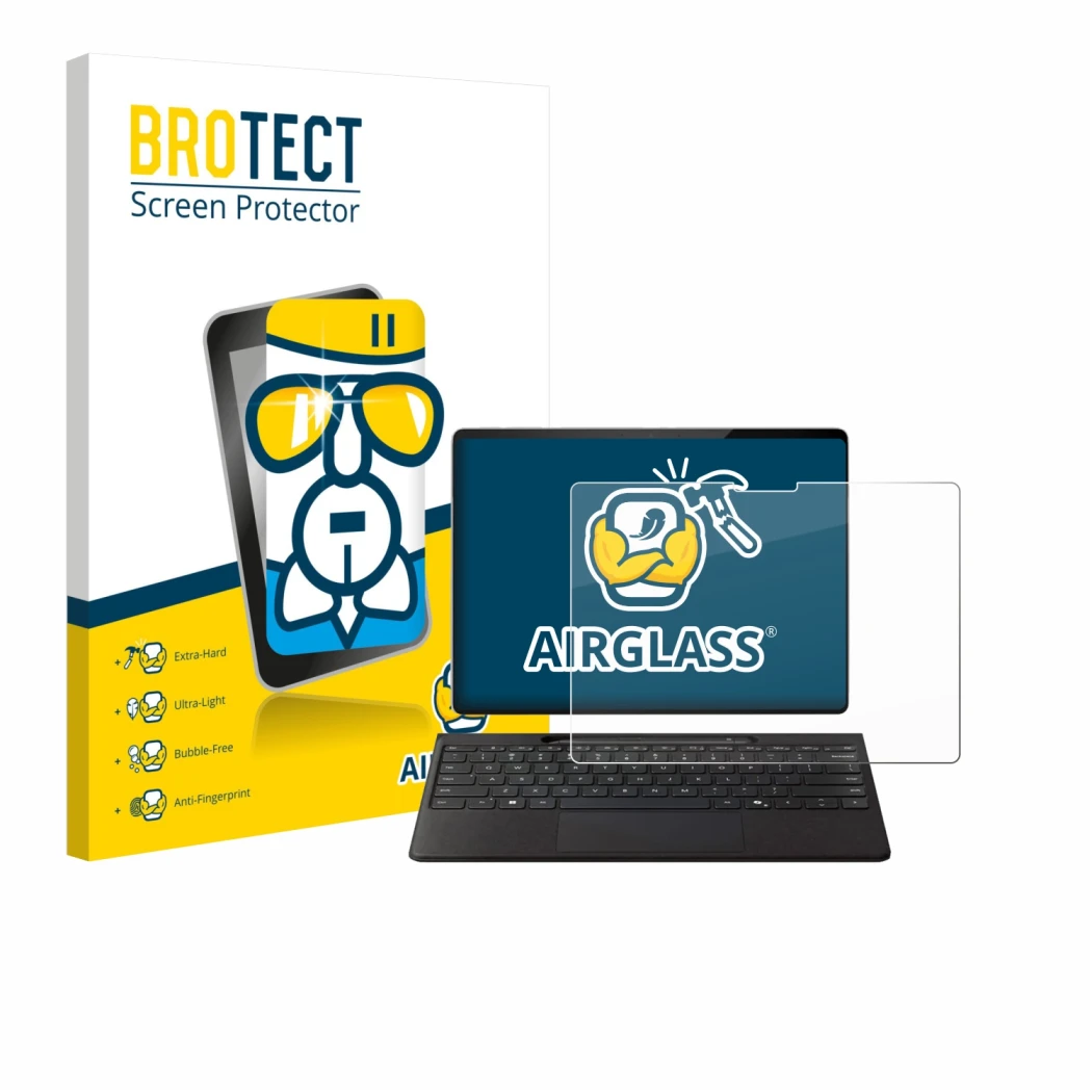 Face avant d’un emballage produit avec le logo de la marque BROTECT. À côté, l’appareil Microsoft Surface Pro Copilot+ 13