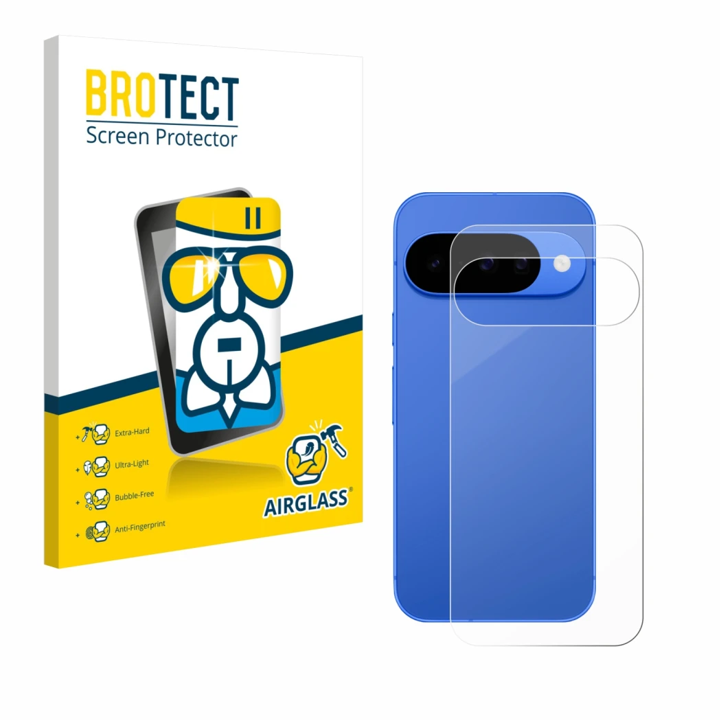 Face avant d’un emballage produit avec le logo de la marque BROTECT. À côté, l’appareil Google Pixel 10 (Arrière) est représen