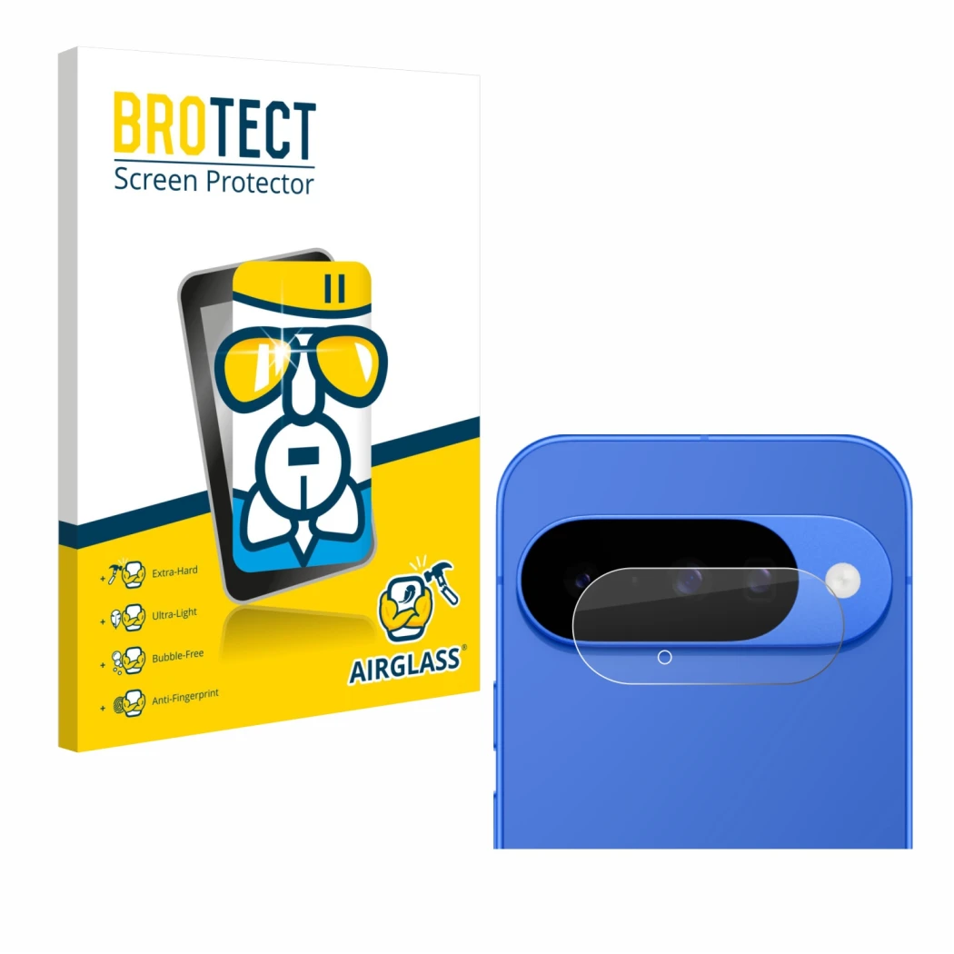 Face avant d’un emballage produit avec le logo de la marque BROTECT. À côté, l’appareil Google Pixel 10 (Caméra UNIQUEMENT) es