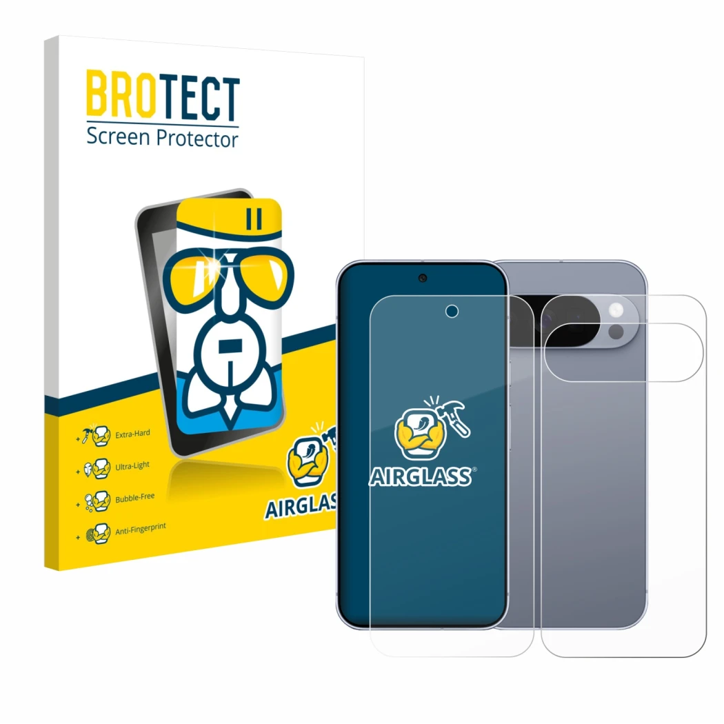 Face avant d’un emballage produit avec le logo de la marque BROTECT. À côté, l’appareil Google Pixel 10 Pro (Avant+Arrière) es