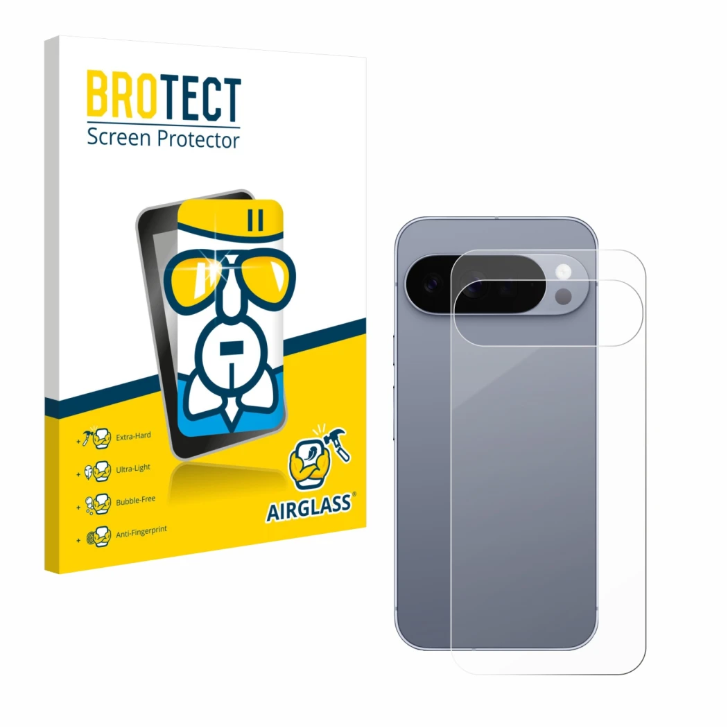 Face avant d’un emballage produit avec le logo de la marque BROTECT. À côté, l’appareil Google Pixel 10 Pro XL (Arrière) est r