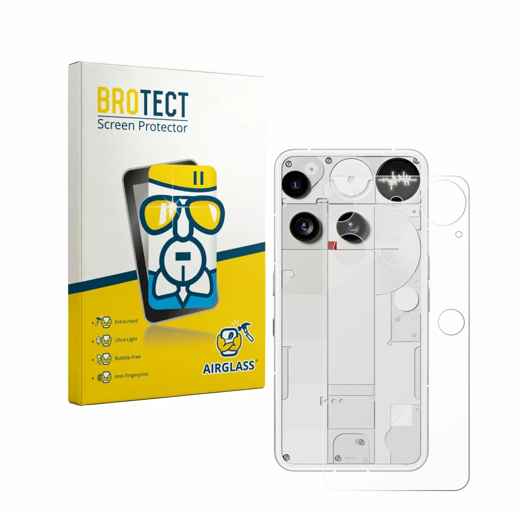 Face avant d’un emballage produit avec le logo de la marque BROTECT. À côté, l’appareil Nothing Phone (3) (Arrière) est représ