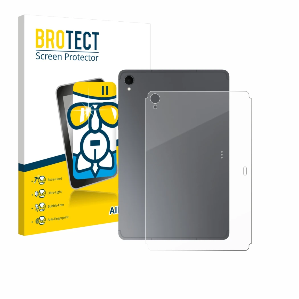 Face avant d’un emballage produit avec le logo de la marque BROTECT. À côté, l’appareil Samsung Galaxy Tab S11 (Arrière) est r