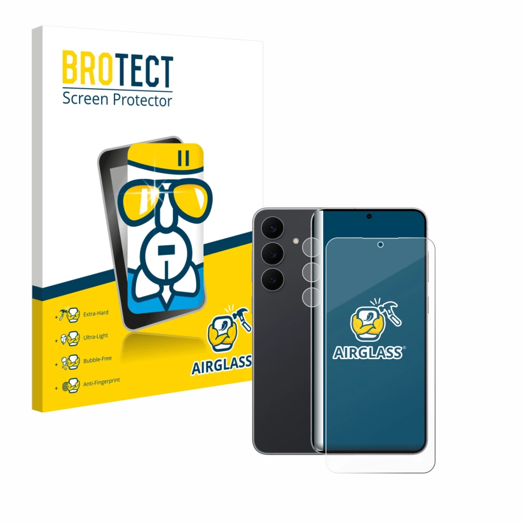 Face avant d’un emballage produit avec le logo de la marque BROTECT. À côté, l’appareil Samsung Galaxy S25 FE (Avant+Caméra) e