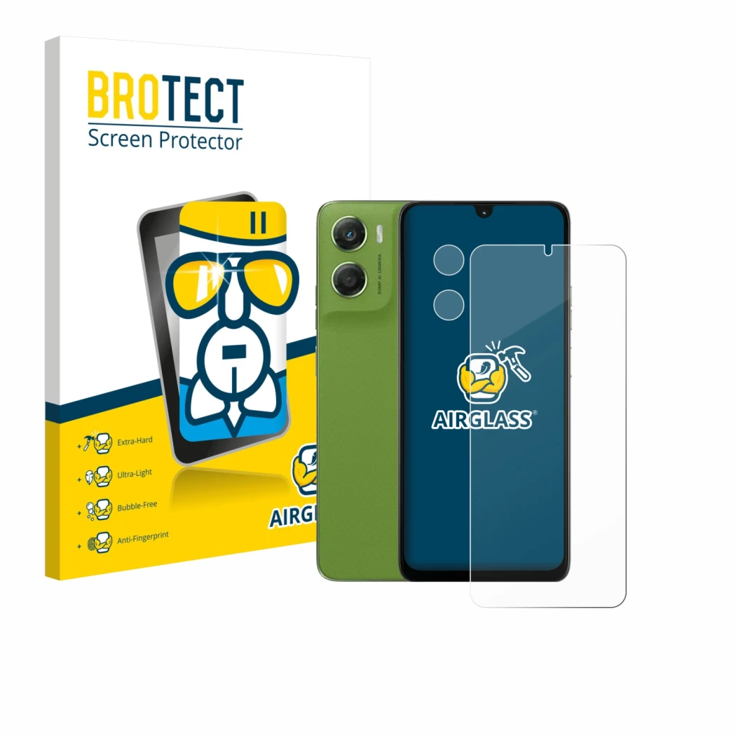 Face avant d’un emballage produit avec le logo de la marque BROTECT. À côté, l’appareil Motorola Moto G06 (Avant+Caméra) est r