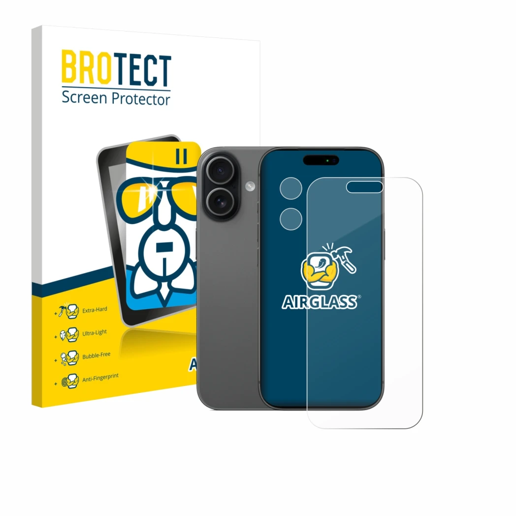 Face avant d’un emballage produit avec le logo de la marque BROTECT. À côté, l’appareil Apple iPhone 17 (Avant+Caméra) est rep