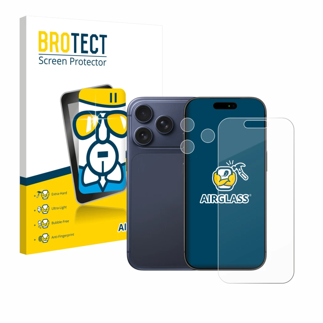 Face avant d’un emballage produit avec le logo de la marque BROTECT. À côté, l’appareil Apple iPhone 17 Pro (Avant+Caméra) est