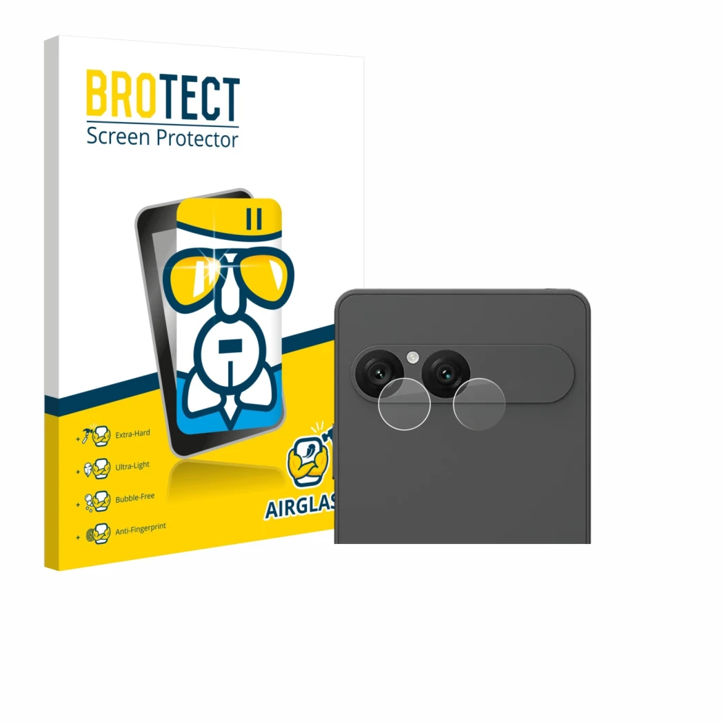 Face avant d’un emballage produit avec le logo de la marque BROTECT. À côté, l’appareil Sony Xperia 10 VII (Caméra UNIQUEMENT)