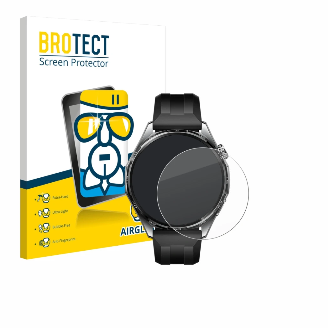 Face avant d’un emballage produit avec le logo de la marque BROTECT. À côté, l’appareil Huawei Watch GT 6 (46 mm) est représen