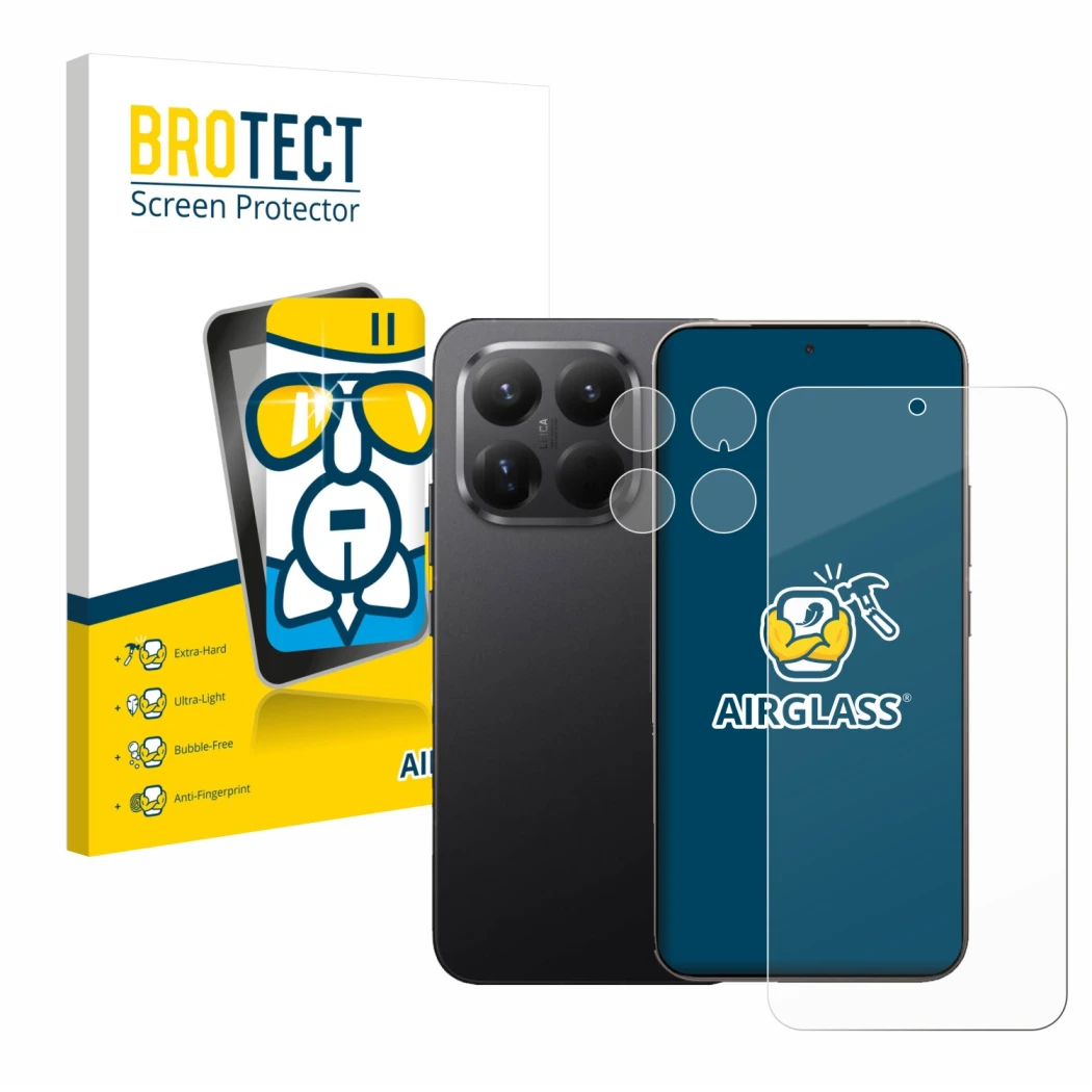 Face avant d’un emballage produit avec le logo de la marque BROTECT. À côté, l’appareil Xiaomi 15T Pro (Avant+Caméra) est repr