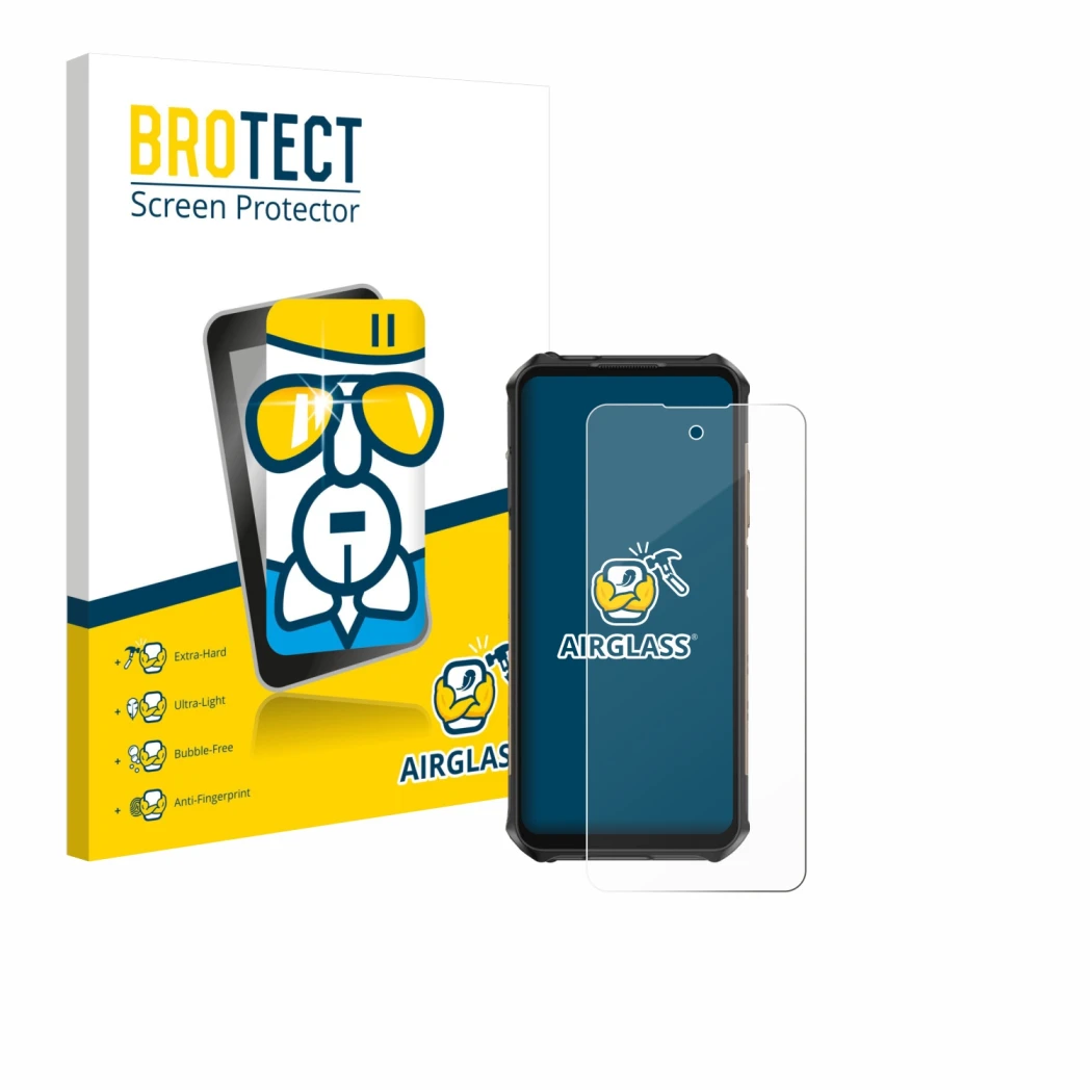 Face avant d’un emballage produit avec le logo de la marque BROTECT. À côté, l’appareil Ulefone Armor X16 Pro est représenté a