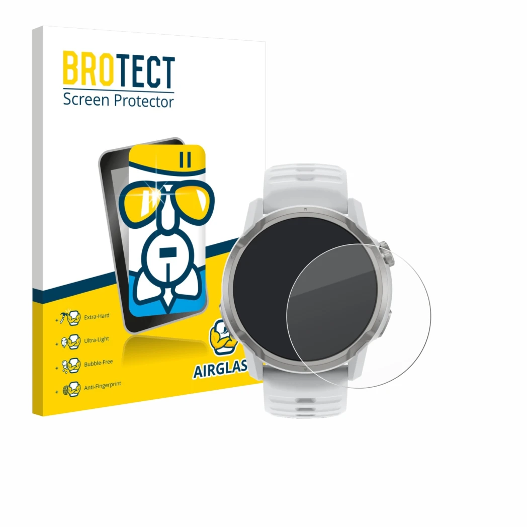 Face avant d’un emballage produit avec le logo de la marque BROTECT. À côté, l’appareil Coros Apex 4 (46 mm) est représenté av