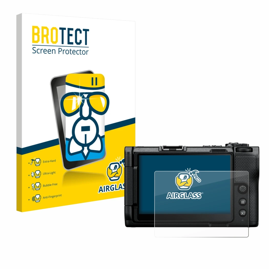 Face avant d’un emballage produit avec le logo de la marque BROTECT. À côté, l’appareil Nikon ZR est représenté avec la protec