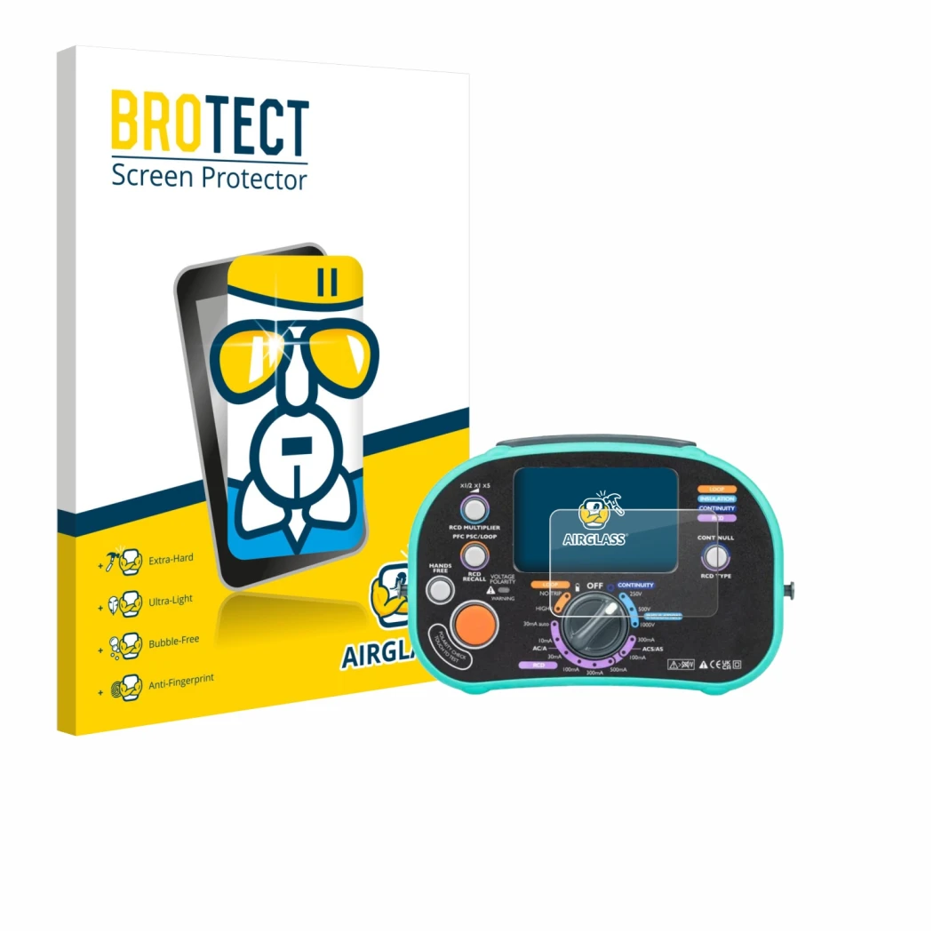 Face avant d’un emballage produit avec le logo de la marque BROTECT. À côté, l’appareil Kewtech KT63DL est représenté avec la
