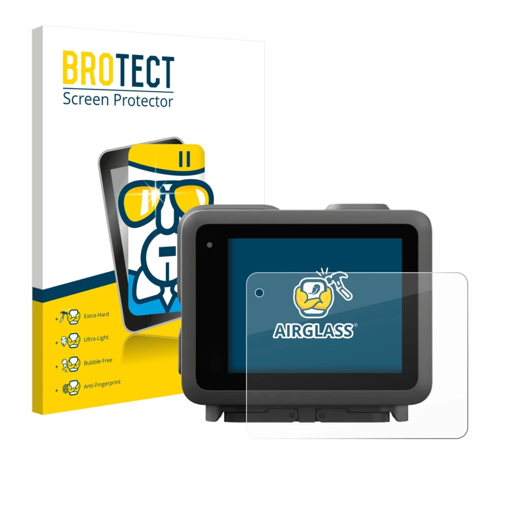 Face avant d’un emballage produit avec le logo de la marque BROTECT. À côté, l’appareil GoPro Lit Hero est représenté avec la 