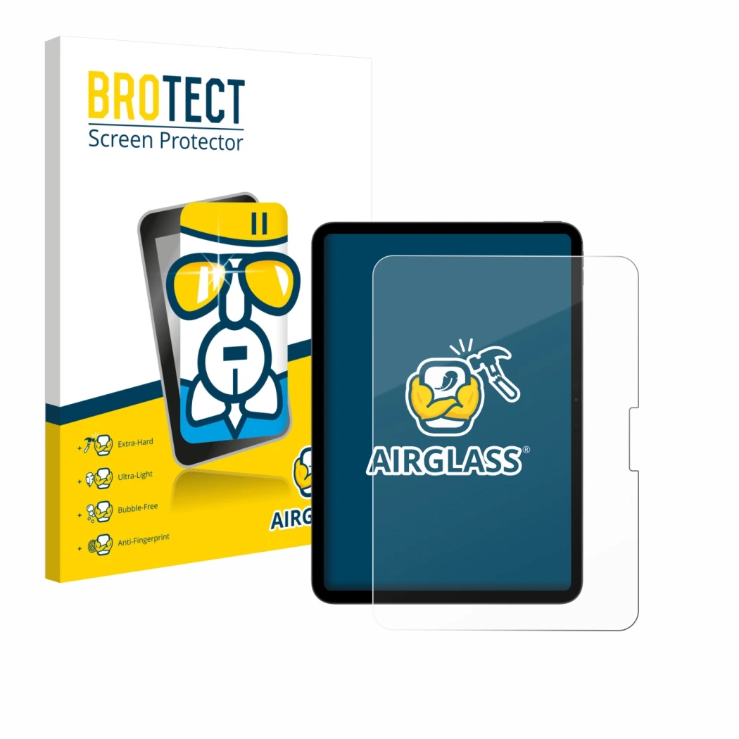 Face avant d’un emballage produit avec le logo de la marque BROTECT. À côté, l’appareil Apple iPad Pro 11