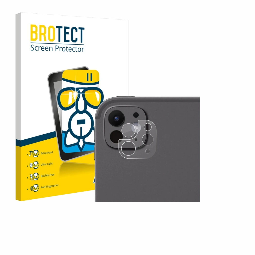 Face avant d’un emballage produit avec le logo de la marque BROTECT. À côté, l’appareil Apple iPad Pro 11