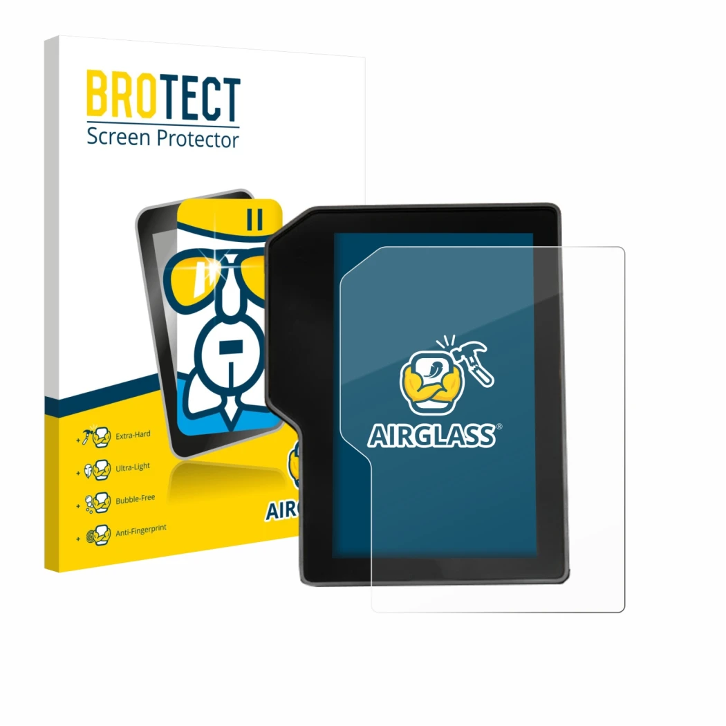 Face avant d’un emballage produit avec le logo de la marque BROTECT. À côté, l’appareil Yamaha Tenere 700 / Rally 2025 est rep