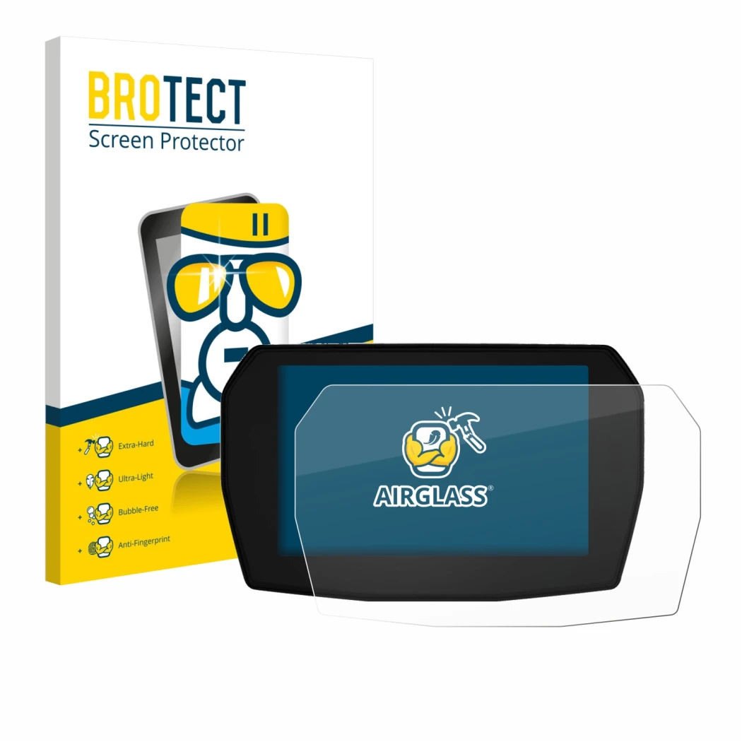 Face avant d’un emballage produit avec le logo de la marque BROTECT. À côté, l’appareil Ducati Panigale V2 2025 est représenté