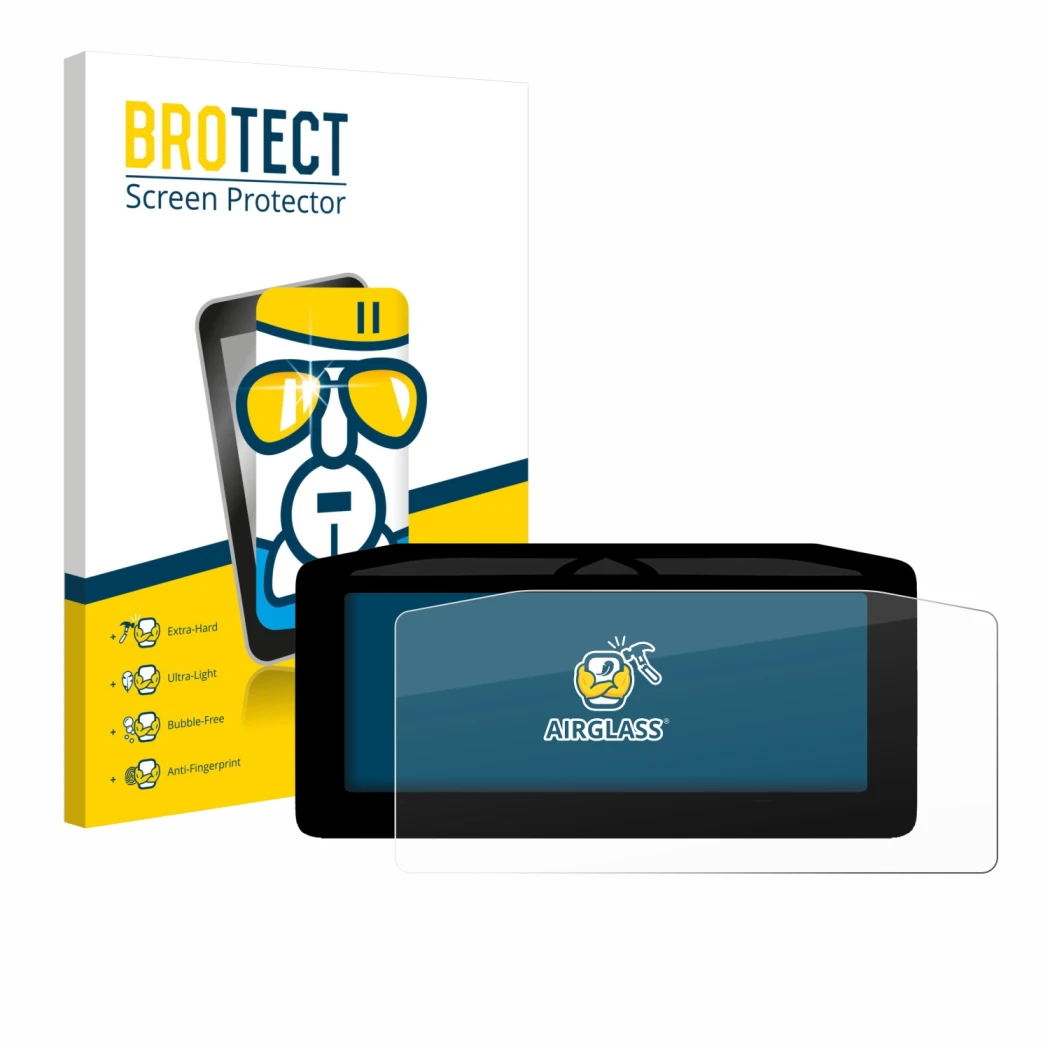 Face avant d’un emballage produit avec le logo de la marque BROTECT. À côté, l’appareil Ducati XDiavel V4 2025 Affichage de la