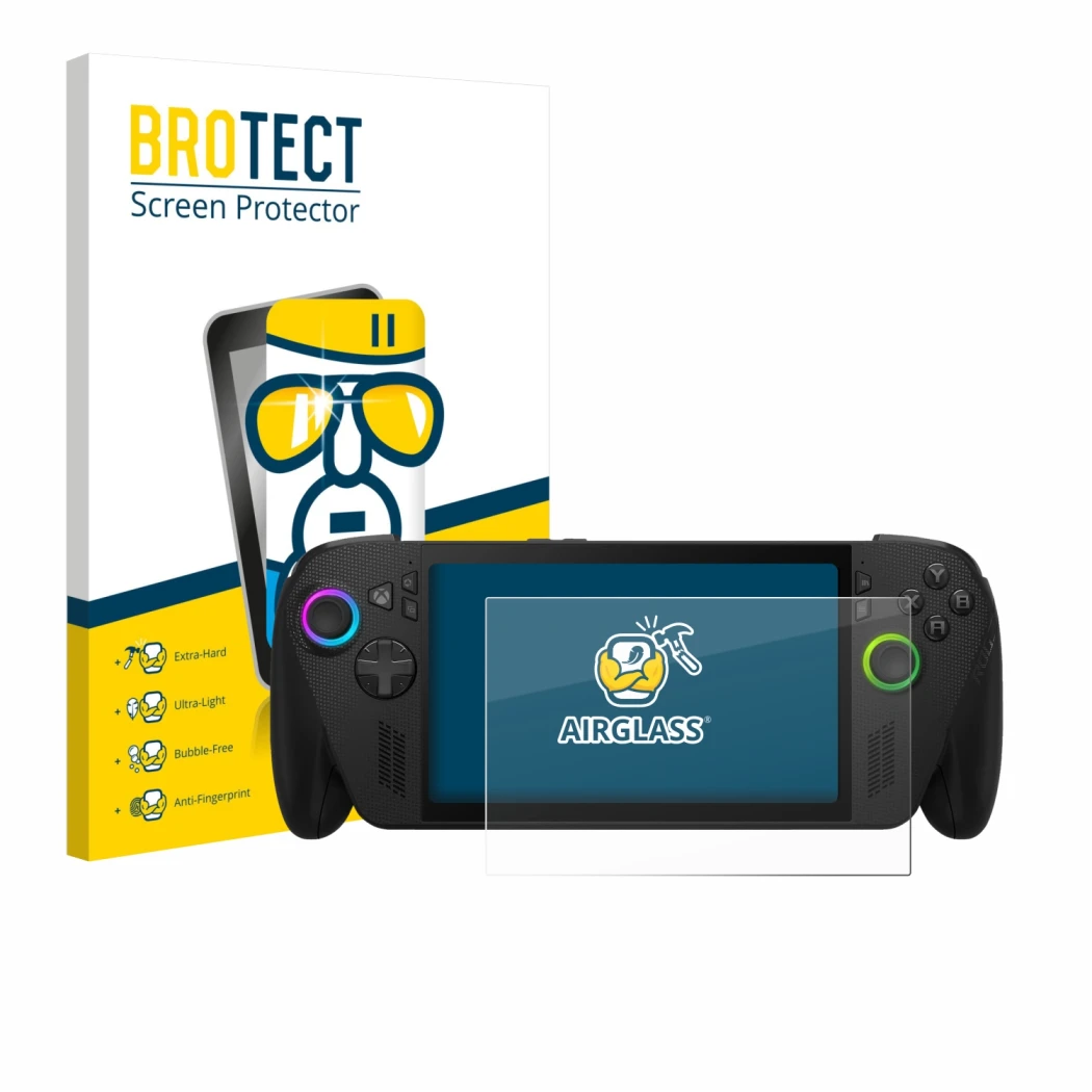 Face avant d’un emballage produit avec le logo de la marque BROTECT. À côté, l’appareil ASUS ROG Xbox Ally X est représenté av